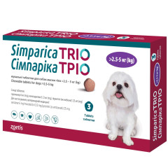 Жувальні таблетки для собак від бліх, кліщів та гельмінтів Симпарика ТРІО від 2,6-5кг, 1 таблетка (від зовнішніх та внутрішніх паразитів)